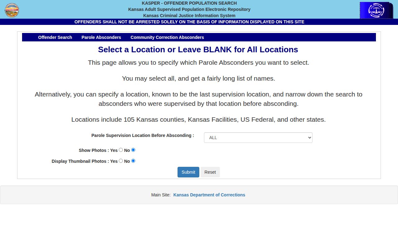 Russell County parole absconder location search in KASPER
