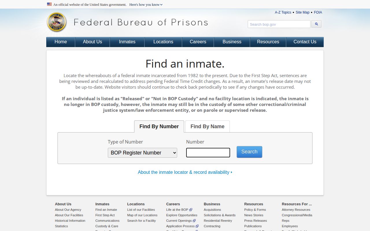 Federal BOP custody release locator for a Russell County case