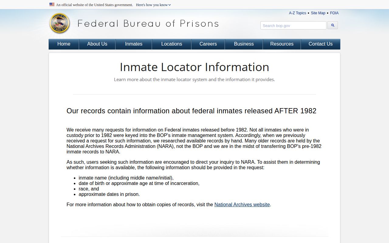 Federal BOP record guide explaining custody release status for Russell County searches