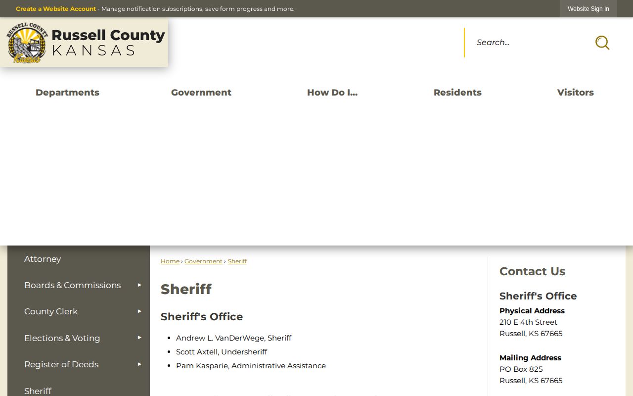 Russell County Jail release contact on the official sheriff page